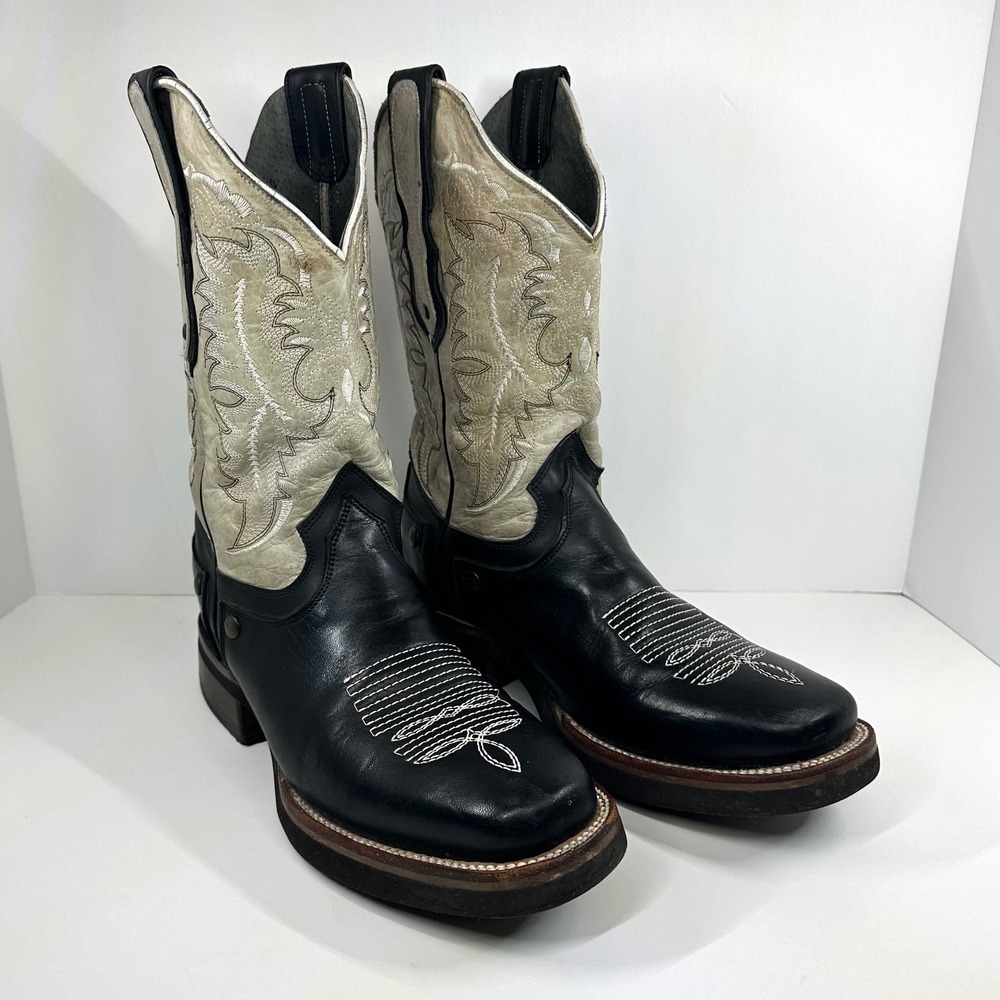Joe Boots Co Mens Black Cream Leather Western Cowboy Boots Square Toe Size 6.5